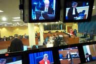 View from audio visual control booth in Courtroom 3.