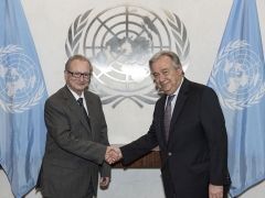 Secretary-General António Guterres (right) meets Judge Carmel Agius, President of the International Criminal Tribunal for the former Yugoslavia.